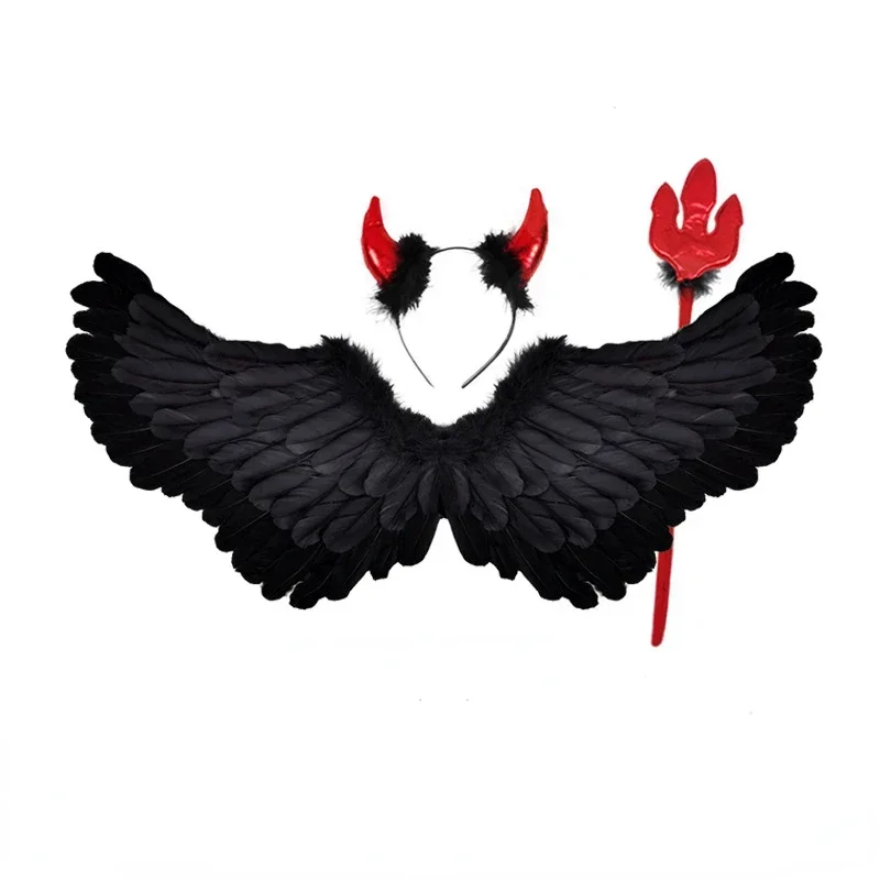悪魔悪魔天使アクセサリー衣装コスプレセット羽翼ヘイローヘッドバンド杖ハロウィンクリスマスパーティー白黒ピンク