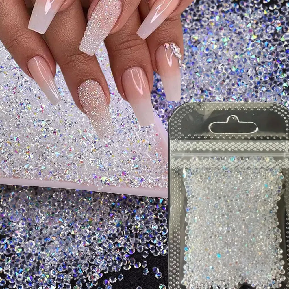 1Bag Ultra Mini 1.2mm Nail Rhinestones Micro Crystal Iridescent Bling Tiny Diamond Nail Gems AB/Clear Rhinestone Nail Decoration