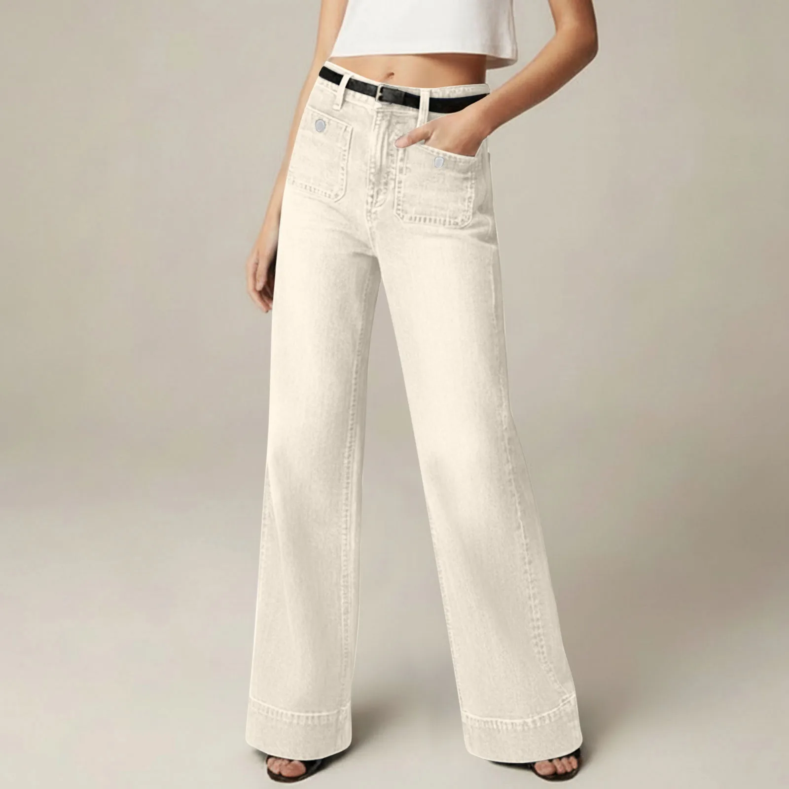 Damen-Jeans mit hoher Taille, Denim-Jeans, Damen, weites Bein, schmale Schlaghose, Taschen, Jean-Hose