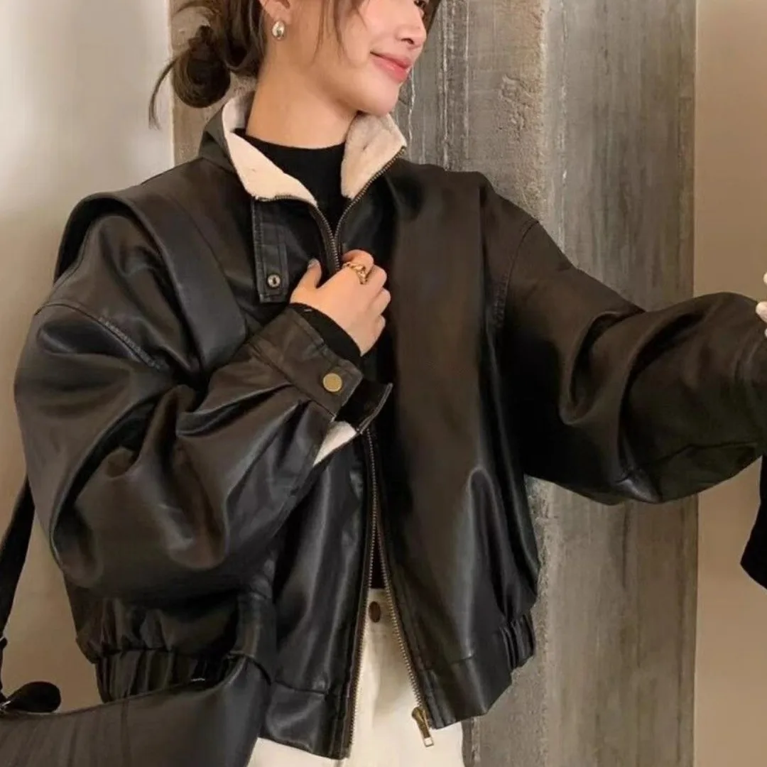 

Bla Fce Lined Biker Jaet Women's ort Coat Warm Sli Autumn Winter Faion Ladies' Outerwear Small Size Trendy