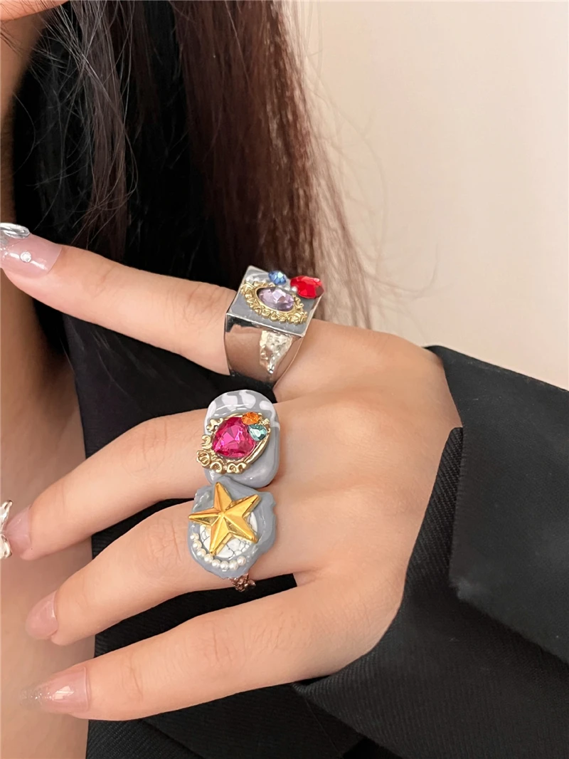 2024 NEW Heavy Industry Metal Wide Open Ring Old Money Style Handmade Drip Oil Inlaid Rhinestone Layered Ring for Women Jewelry