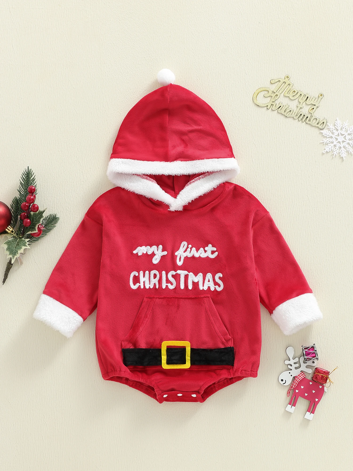 Świąteczny kombinezon niemowlęcy z długimi rękawami i kieszenią z przodu z haftowanymi literami - świąteczny strój Świętego Mikołaja dla noworodków