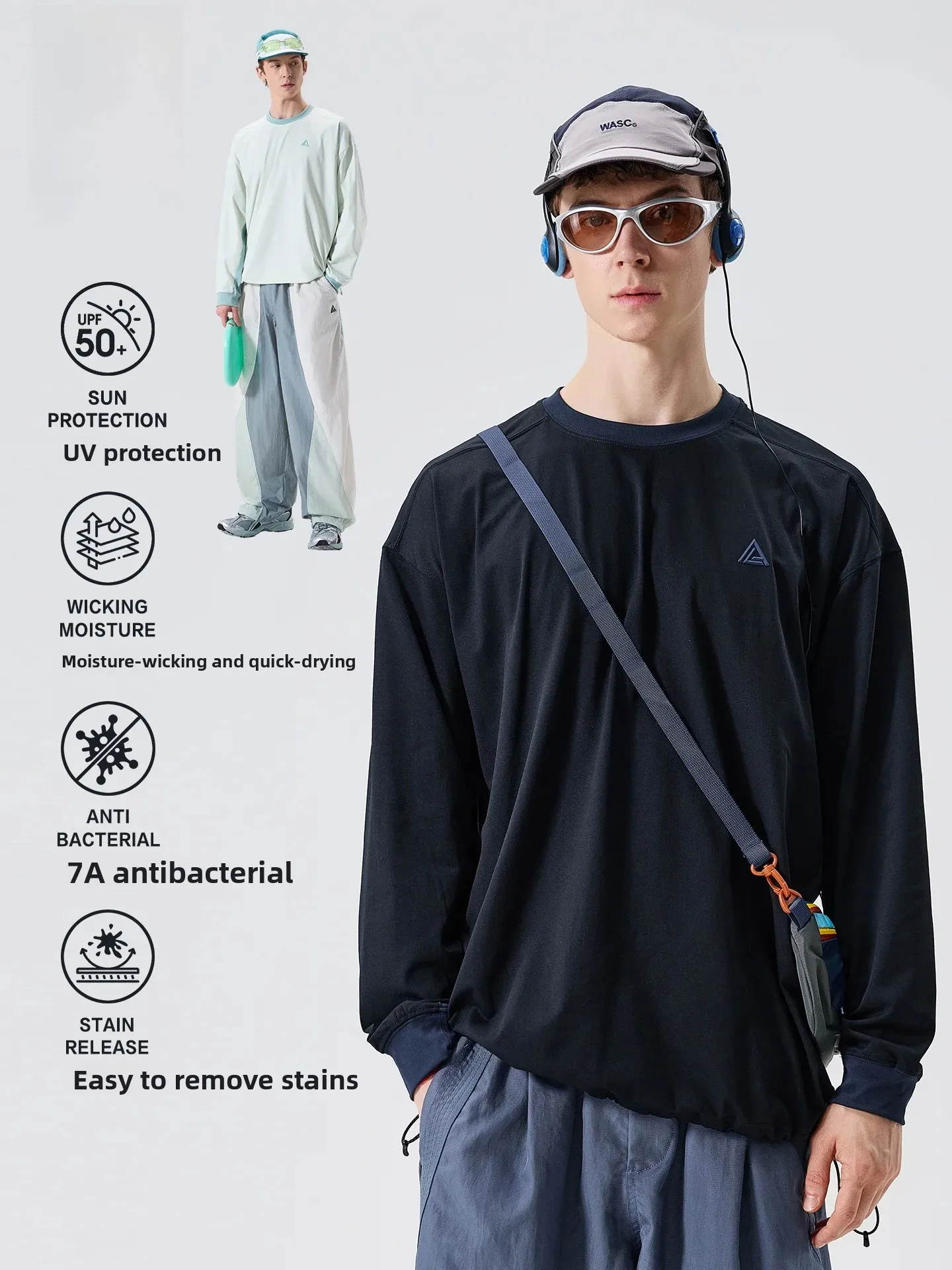 LAZY DAY Lightweight Quick Dry Outdoor Sports Long Sleeve T-Shirt Men's Casual Versatile Drawstring Splice Trendy Top
