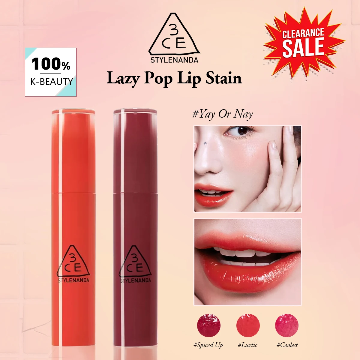 [Oferta de Liquidación] Tinte Labial 3CE Lazy Pop, Olive Young, Hidratante y Sedoso, Aspecto Natural, Cosmético Coreano, Maquillaje Coreano