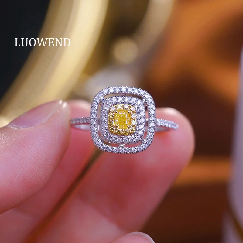 

Кольцо LUOWEND из 100% белого золота 18 карат с натуральным желтым бриллиантом, классический квадратный дизайн, элитное женское украшение для вечеринок