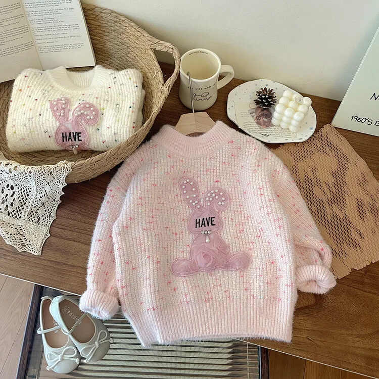 Thiened One-Piece Knitted Sweater for Little Girls Autumn Winter Water Rabbit Velvet Long Sve round Ne Base irt