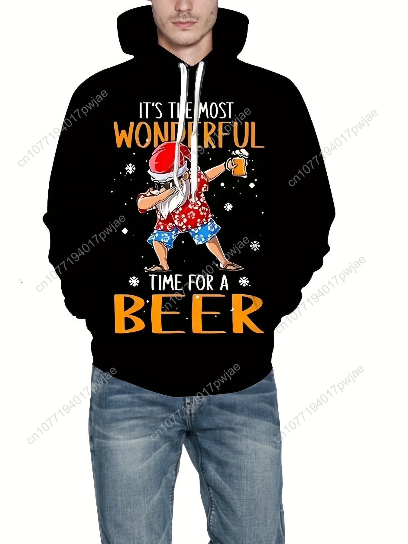 Christmas Santa Hat Pattern Hoodie for Men - Casual Polyester Knit Fabric with Hood, Regular Fit, Novelty Beer-Themed Design
