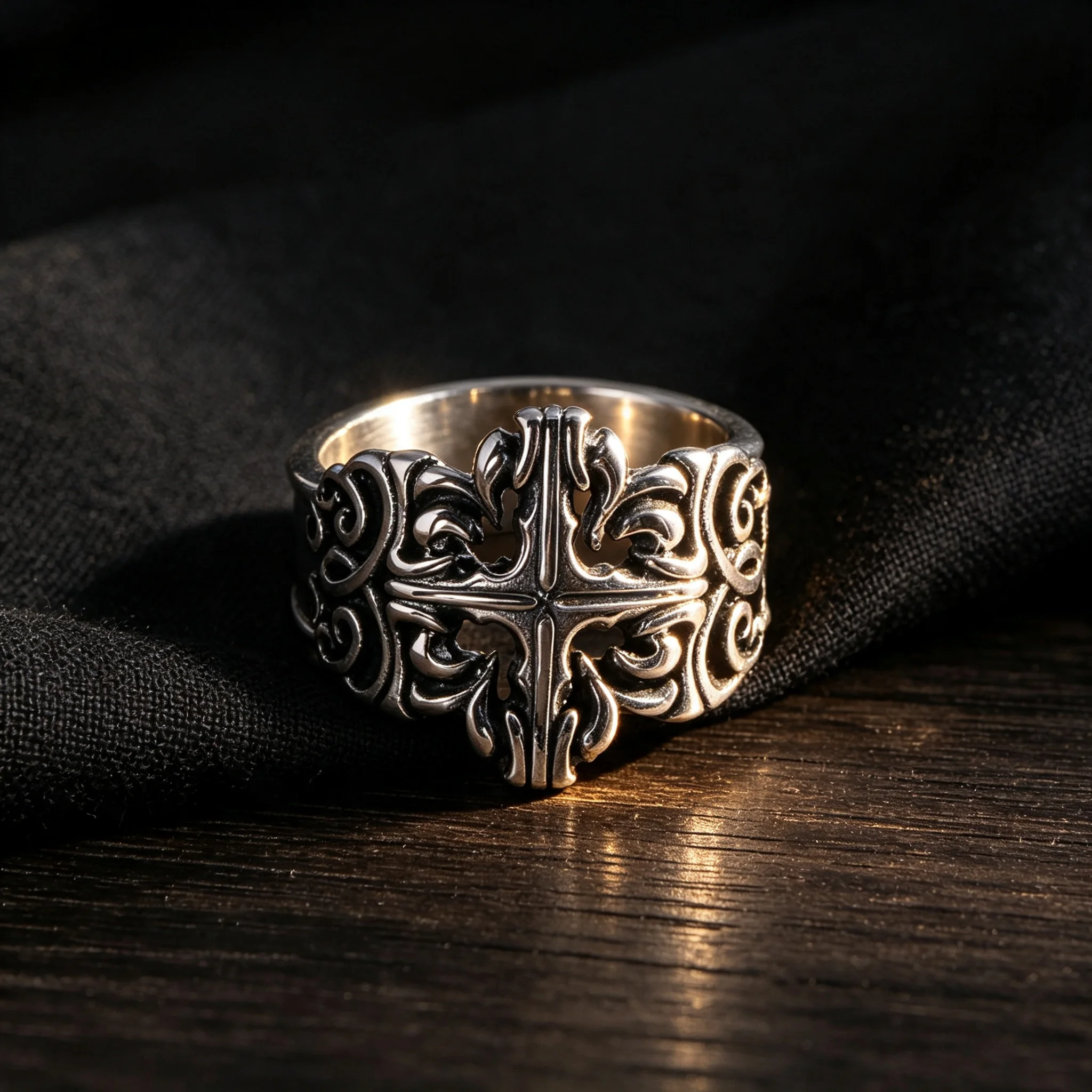 1Pcs/Non-Fading Vintage Hollow Cross Men's Ring, Stainless Steel Distressed Engraved Biker Ring, Gothic Punk Trendy Men's Personalized Index Finger Ring