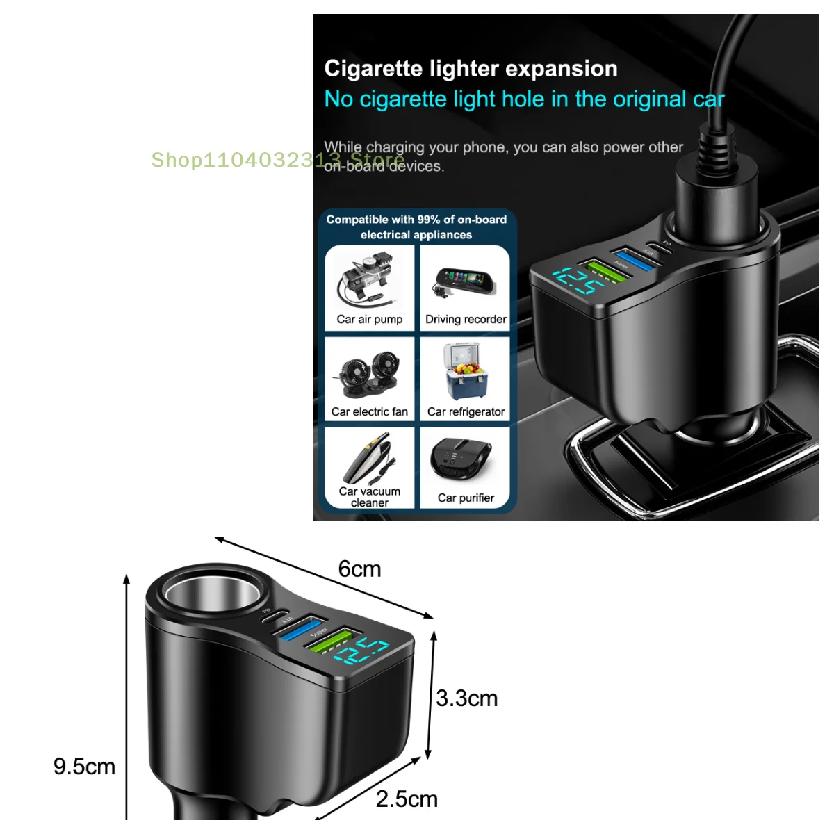 1PC Dual USB Car Charger Digital Display Car One To Three Cigarette Light 66W Car Multifunctional Charger car charger