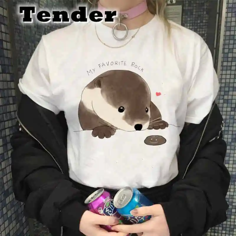 Summer T-shirt Women Animal Print Otters Design Casual Cute Short Sleeve Breathable T Shirt Female White Tops Graphic Tees 2022