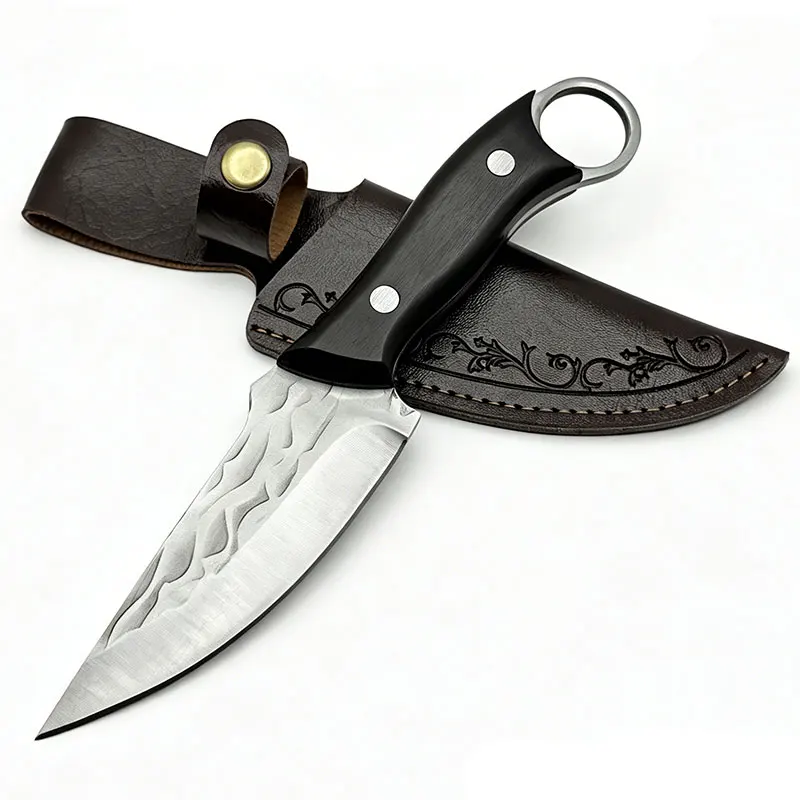 Fixed Blade Kitchen Paring Knife with Sheath, Hammered Stainless Steel Sharp Blade, Ergonomic Wood Handle for Peeling & Food Pre