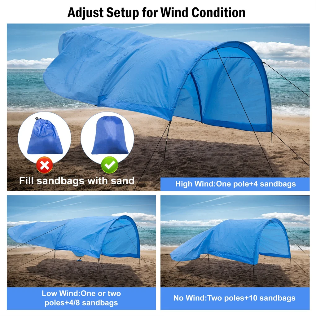 Extra-large camping beach tent suitable for 4-8 people, UV protection, comes with ground spikes and rope accessories