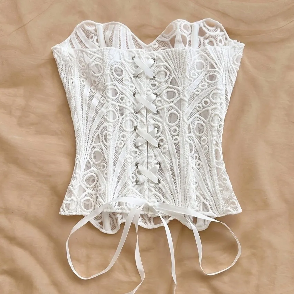 Vintage Rückenfreies Korsett-Top mit Schnürung, Fischgrätenmuster, Unregelmäßigem Saum, Spitzenkorsett, Netz-Einsätzen, Damenunterwäsche, Damenbekleidung – Detail 6