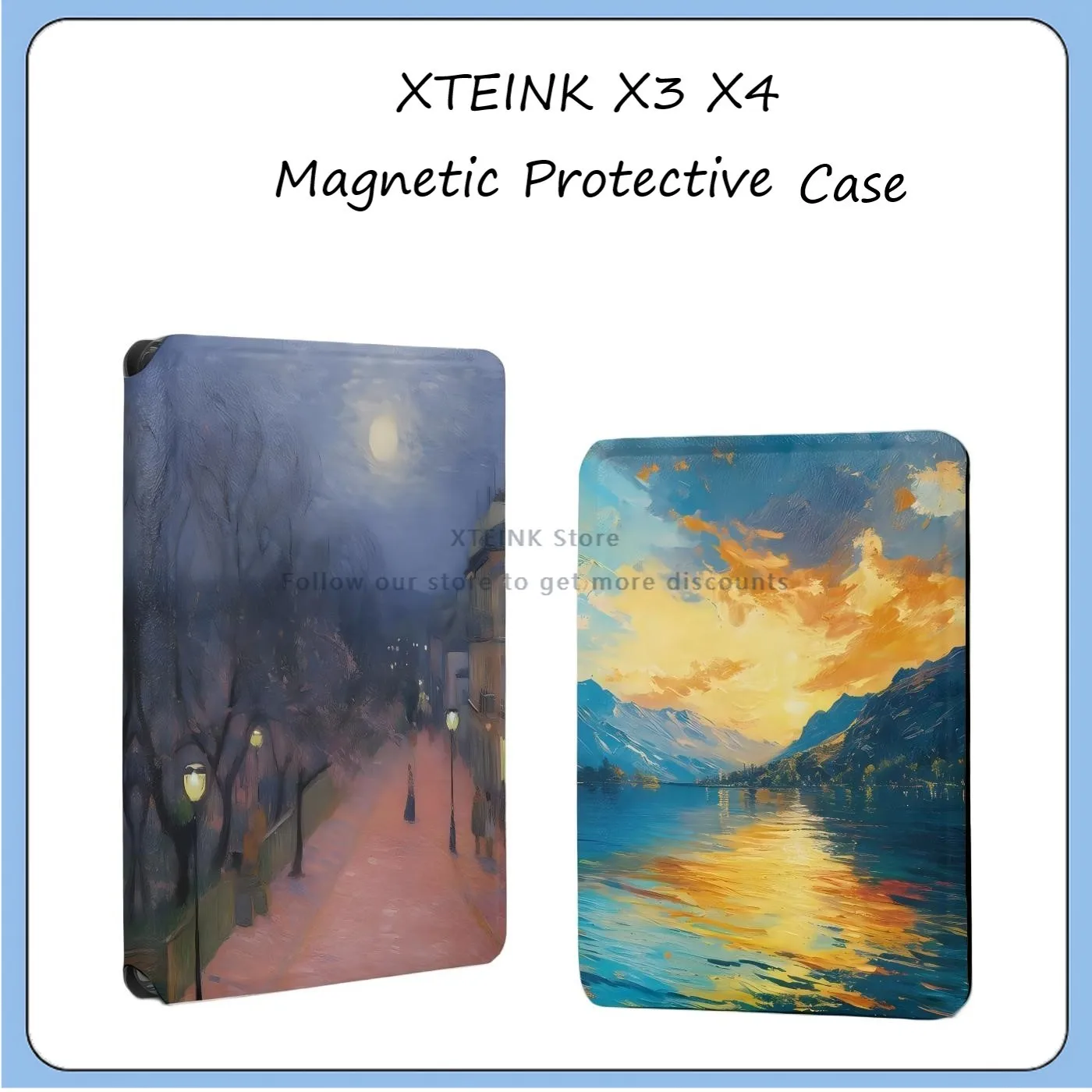 For XTEINK X3 X4 E-Ink Ebook Reader Magnetic Protective Folio Case Hand‑Drawn Japanese Scenery Illustration Pattern TPU Gift