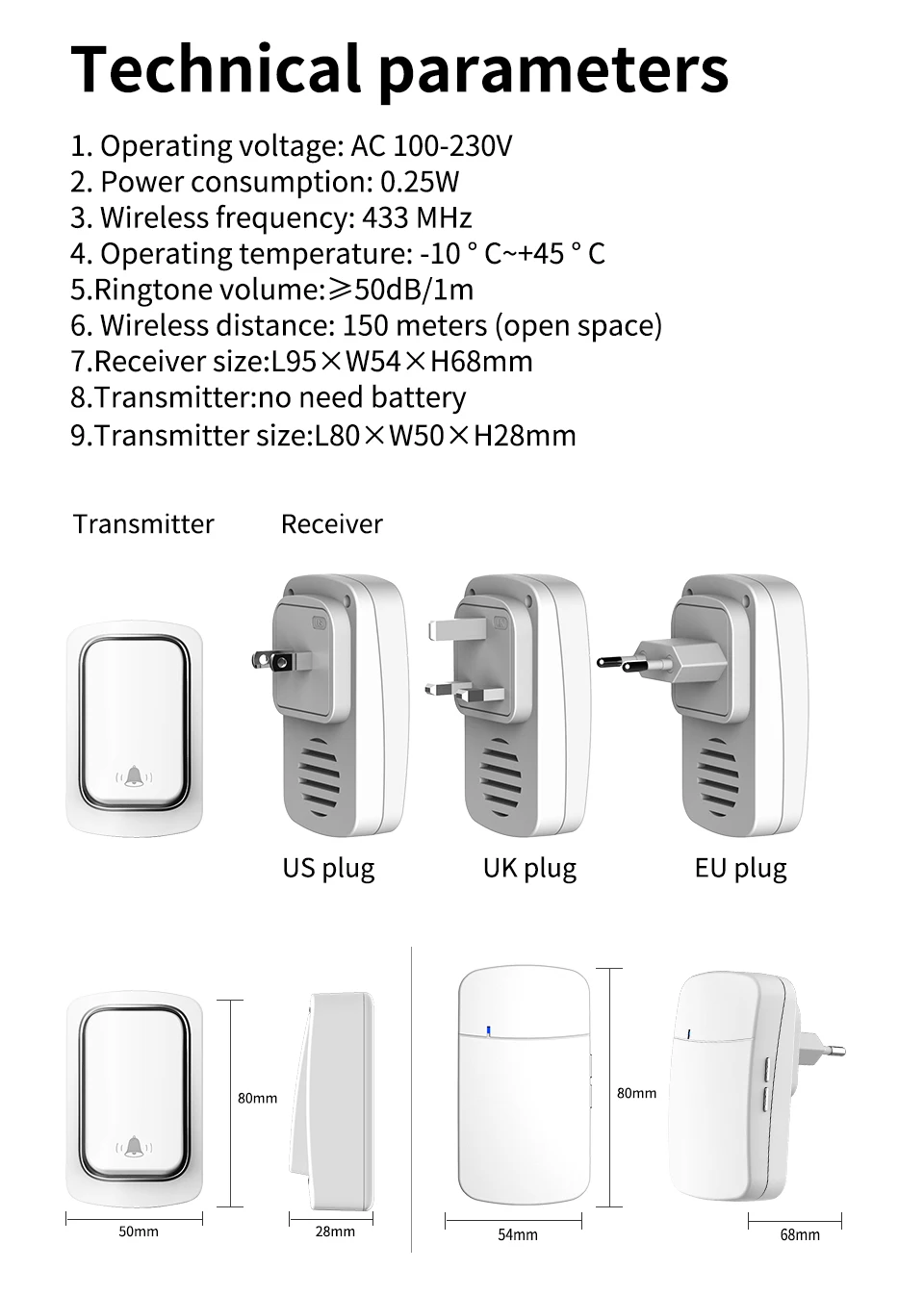 Draadloze deurbel Welkomstbel voor huisbeveiliging alarmsysteem EU / US / UK plug deurring