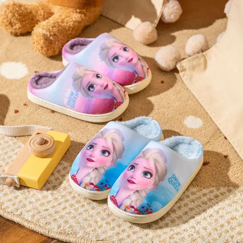 Pantoufles en coton de dessin animé Disney pour filles, pantoufles d'intérieur à semelle souple Elsa, pantoufles Anna pour petites filles, automne et hiver