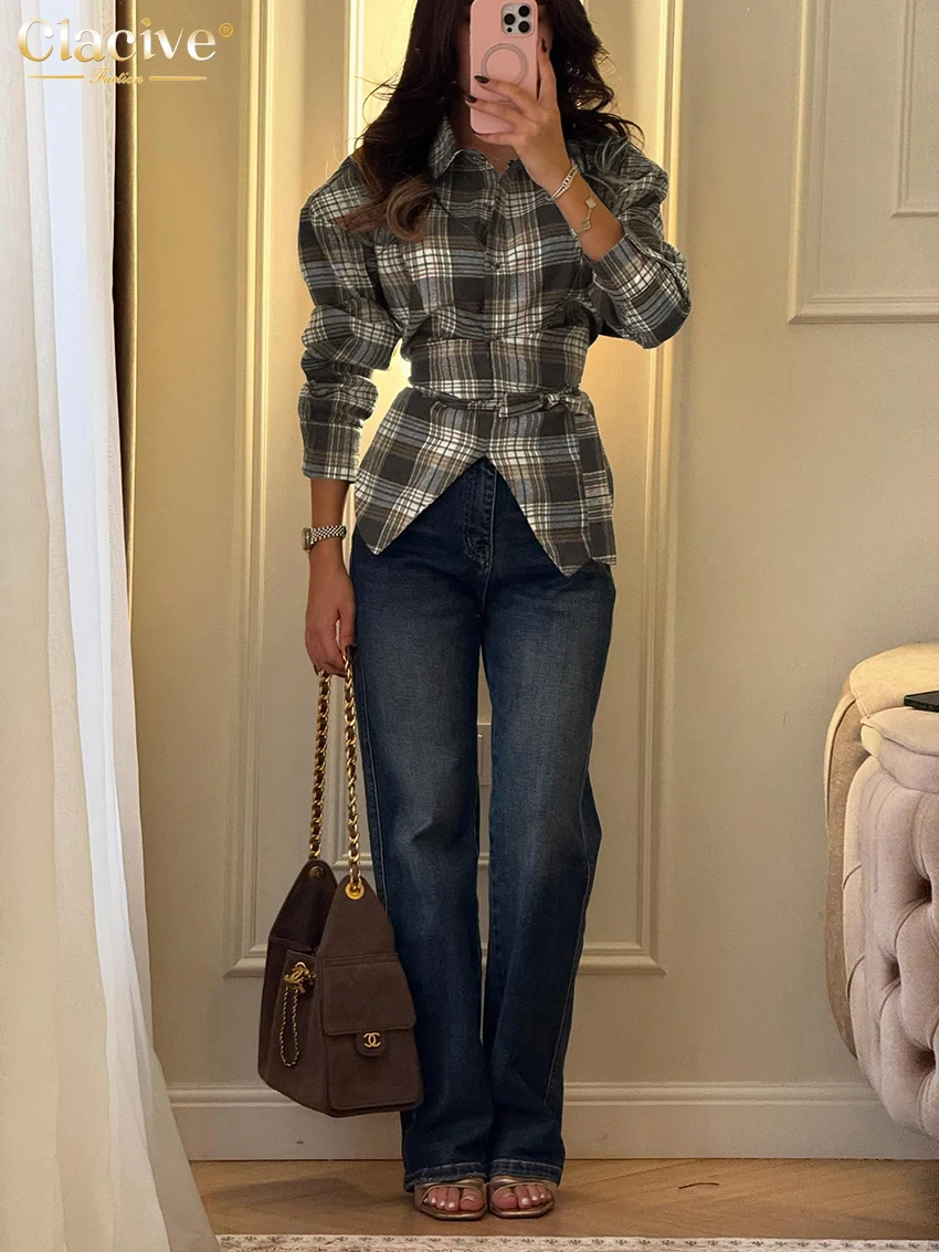 Clacive Spring Loose Brown Plaid Women's Blouse 2026 Fashion Lapel Long Sleeve Lady Shirts Elegant Classic Top Female Clothing