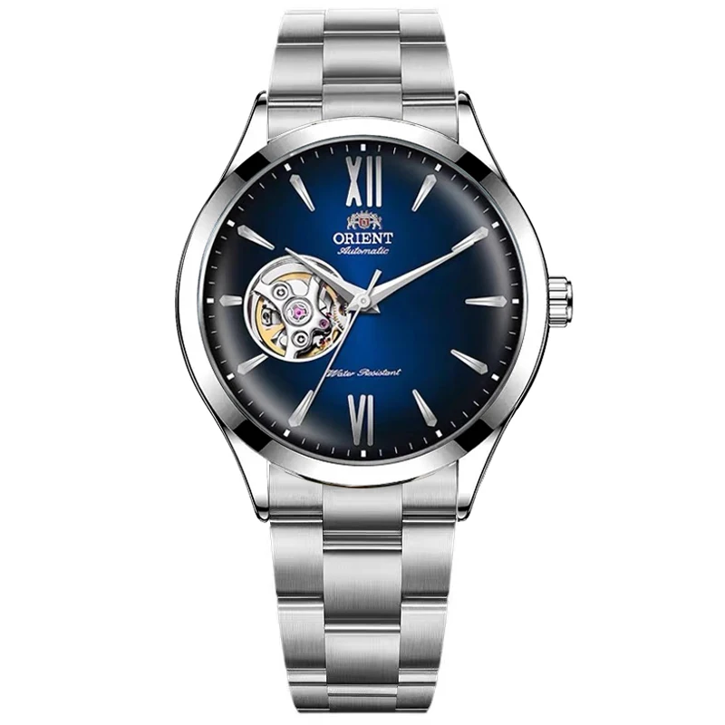 Orient heren automatisch open harthorloge blauwe wijzerplaat roestvrijstalen band vrijetijdskleding polshorloge 30M waterbestendig modehorloge