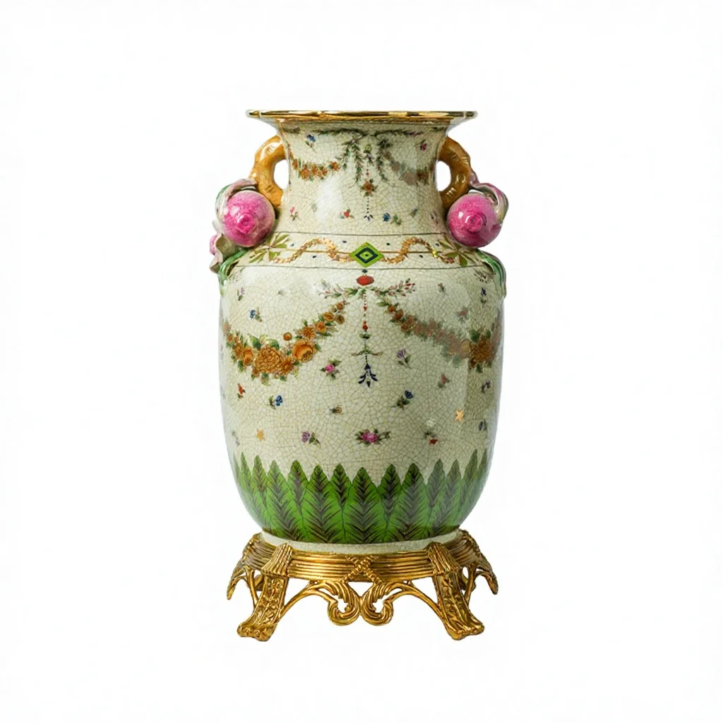 &c High-end European-style High-temperature Hand-painted Ceramic Flower with Copper Base Set for Living Room and Dining Room