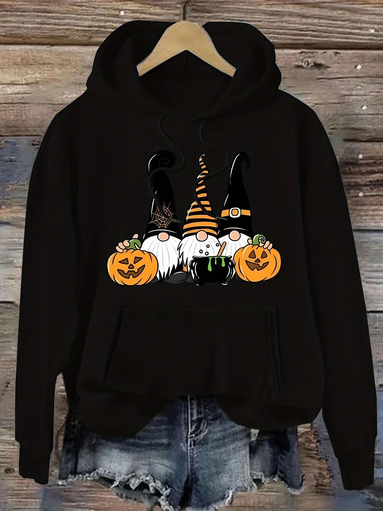 سترة نسائية كاجوال وعصرية بطباعة اليقطين، مصنوعة من البوليستر المريح، قابلة للغسل في الغسالة، جيب الكنغر #2