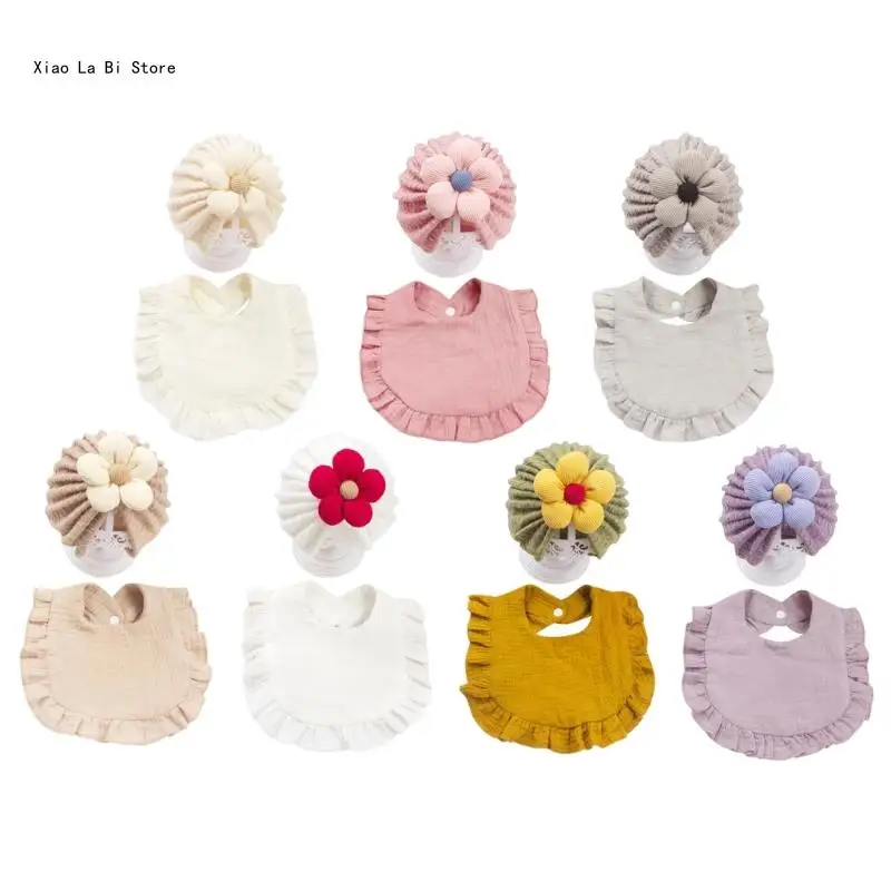 유아 Turban Hat Ruffle Burp Cloth 세트 0-2Y 유아용 침 흘리는 간호 공급을위한 부드러운 통기성 스냅 턱받이 XXFD