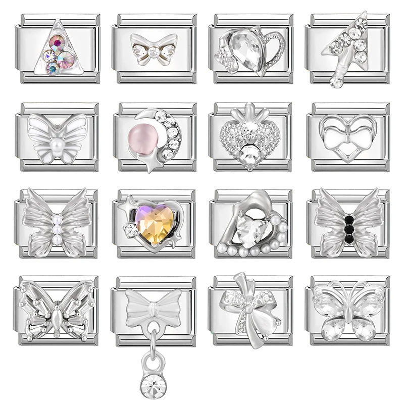 Zircon papillon coeur nœud lune brillant bricolage italien charme liens ajustement 9mm Bracelet en acier inoxydable femmes fabrication de bijoux cadeaux