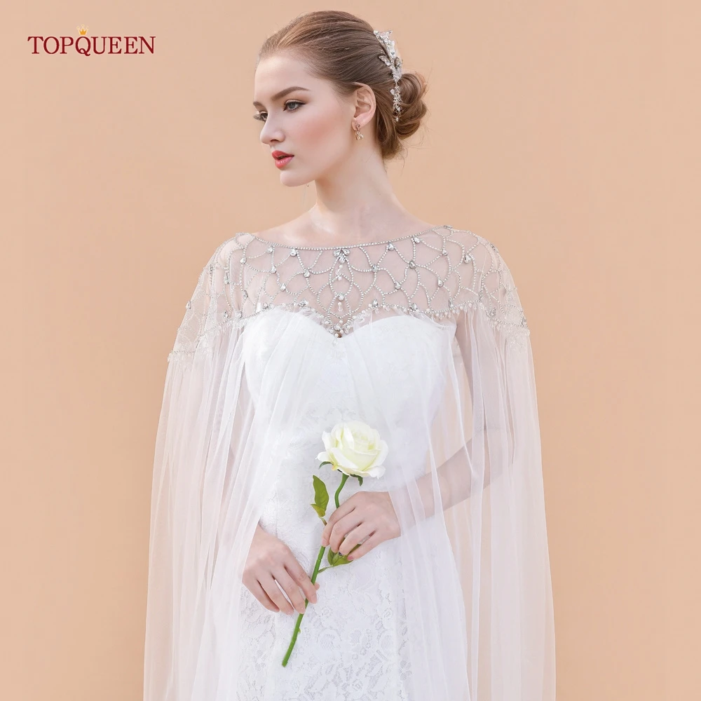 

TOPQUEEN G14T Bride Woman Cape Bridal Bolero with Rhinestones Cathedral Drop Veil Shawl Lace Wedding Bridal Wraps Shawls DIY