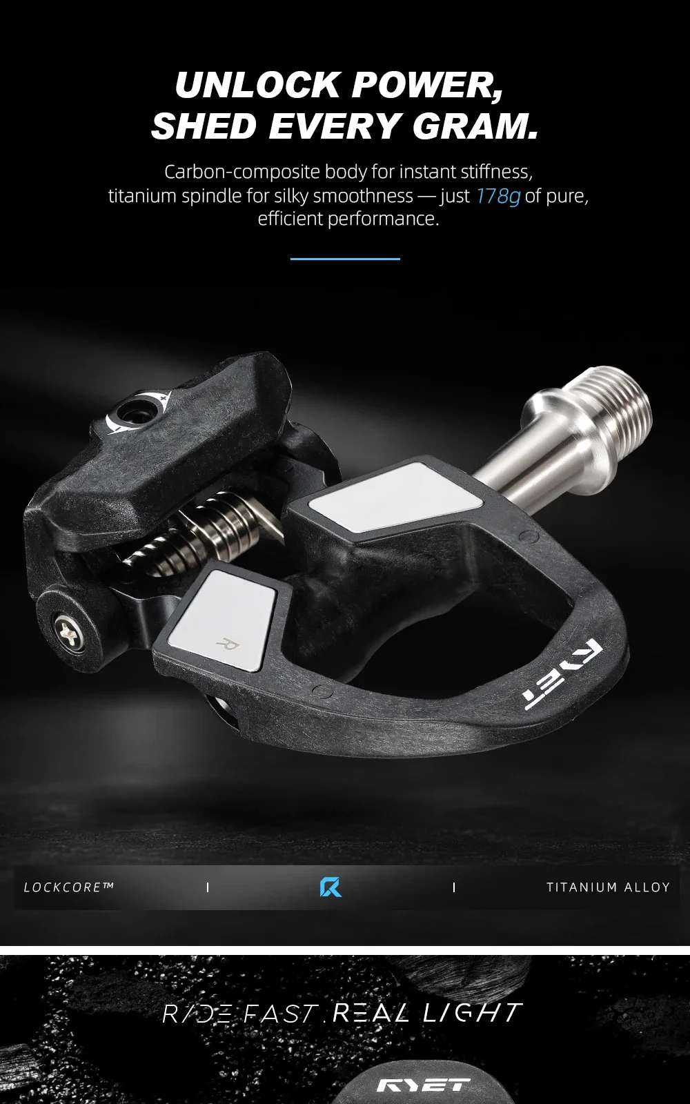 RYET 178g Carbon-Rennradpedale CNC-Titanspindel DU+3 gedichtete Lager 6 ° Float mit SPD-Schuhschuhen und Abstandshaltern für den Radsport – Detail 1
