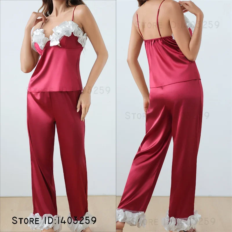 Fashion Lace Suspender Trouser Pajamas Set Sexy Mujer Intimate Lingerie Spring Summer New Sleepwear Silky Satin Homewear Pyjama