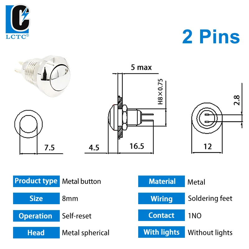 LCTC Drukknop Momentary Auto 8mm Metalen Schakelaar Deurbel Ontsteking Waterdicht Instant Exterieur Bel Drukknop 1NO Nee