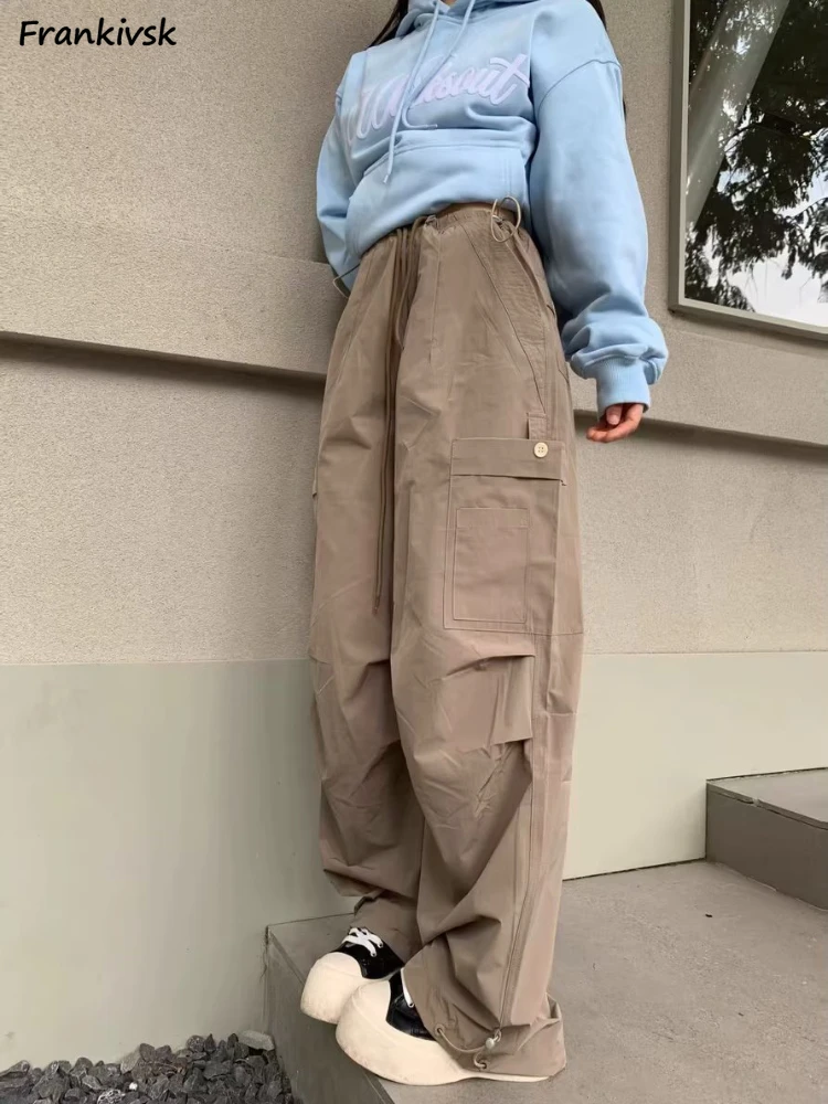 Solid Cargo Pants Women Full Length Pleated Daily Cool Girls Hotsweet American Style Maillard Chic Retro Hipster Vibe Casual