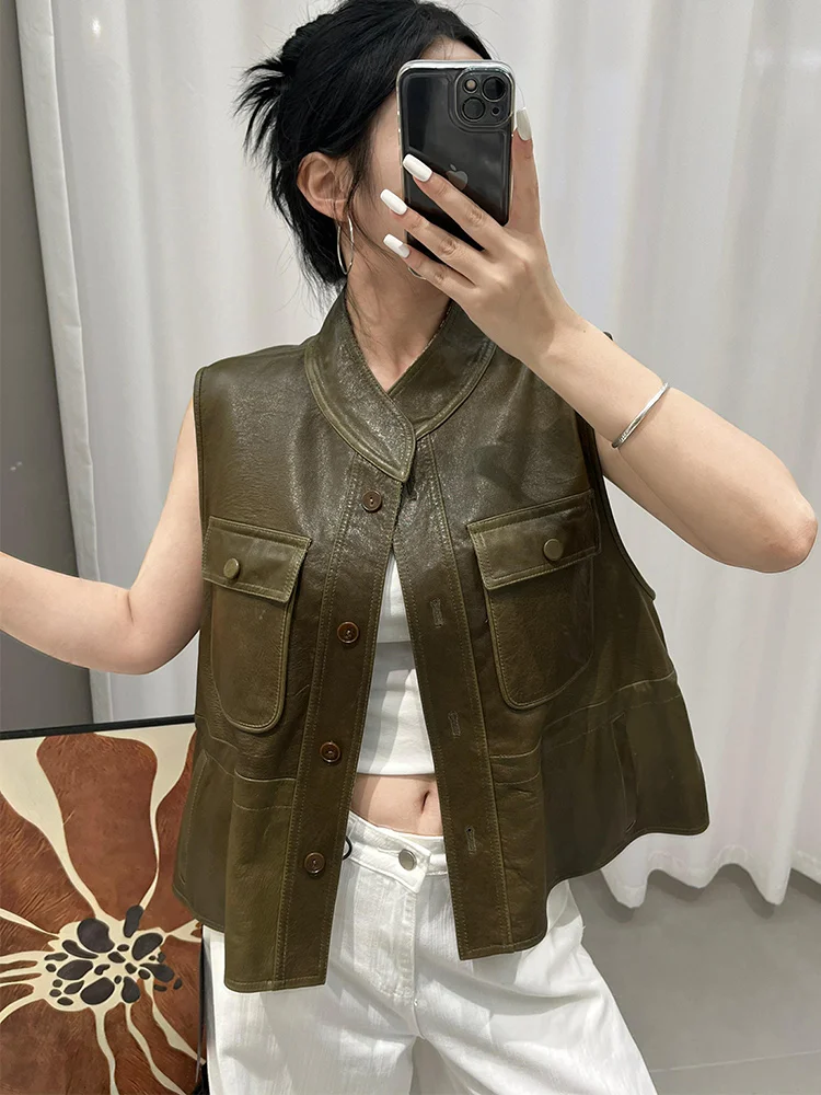 New Fasion Women Natural Genuine Sheepskin Leather Vest Female Real Lambskin Waistcoat Jacket Round Neck Streetwear
