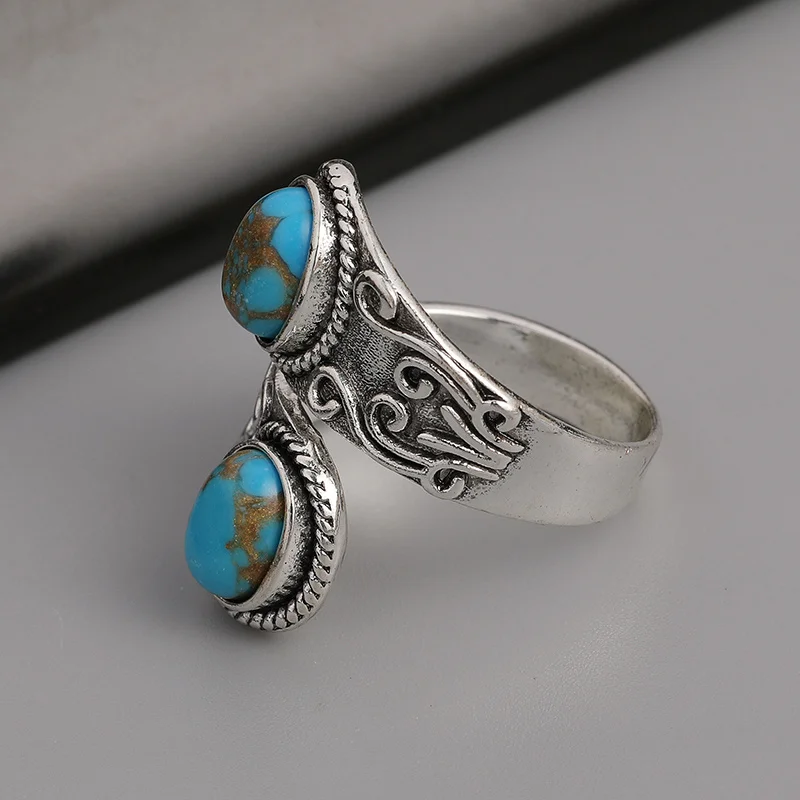 Vintage Wrap Ring Silver Plated Delicate Carving On The Surface Inlaid Turquoise Boho Style Jewelry Match Daily Outfits