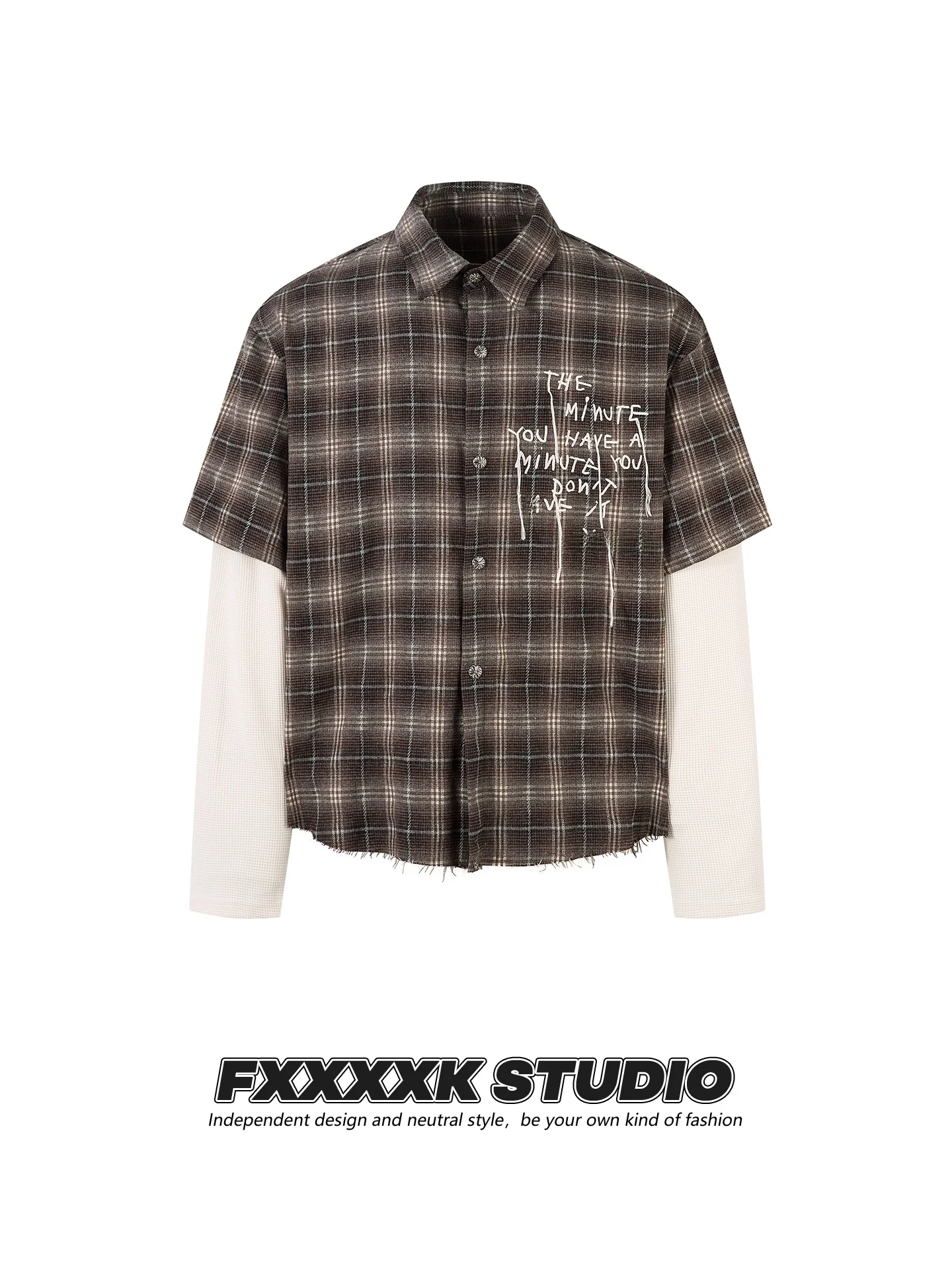 

Мужская рубашка FXK Original в стиле ретро, американский уличный стиль, пэчворк, с бахромой, в клетку, длинный рукав, осенняя, свободный крой, дышащая...