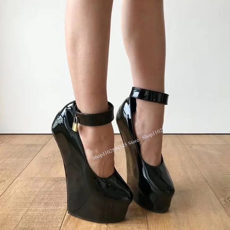 Black Lock Platform Buckle Pumps Wedge Heel Round Toe Fashionable Sexy Cool Summer Big Size 2025 Woman Shoes Zapatillas Mujer