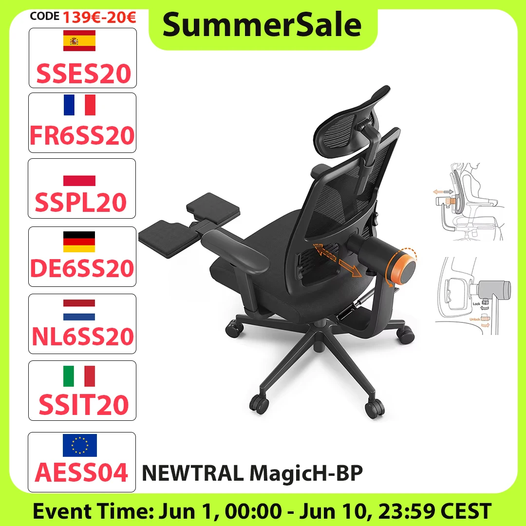 NEWTRAL MagicH-BP Ergonomische stoel met voetsteun Automatisch inbouwen van de rugleuning Adaptieve onderste rugsteun Verstelbare armleuning Hoofdsteun