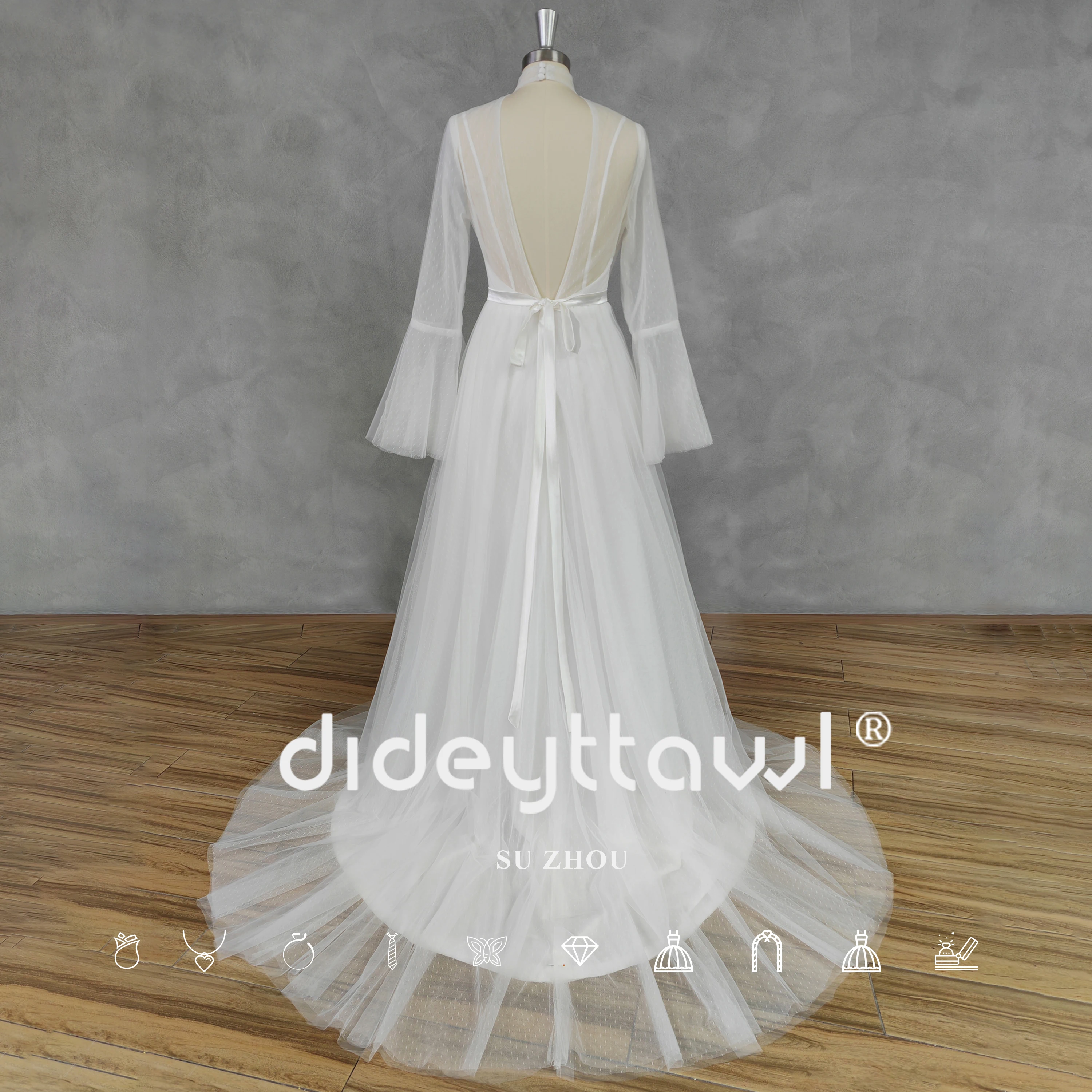 DIDEYTTAWL Real Picture O-Neck A-Line Long Flare Sleeves Tulle Wedding Dress Open Back Court Train Bridal Gown Custom Made