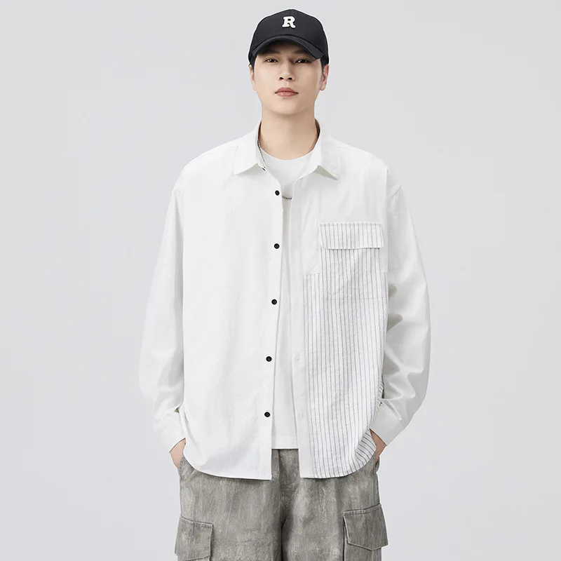 جديد الرجال المرقعة اللون كتلة قميص عالية الشارع غرامة شريط تصميم قميص الرجال فضفاضة تناسب تنوعا عادية طويلة الأكمام قميص