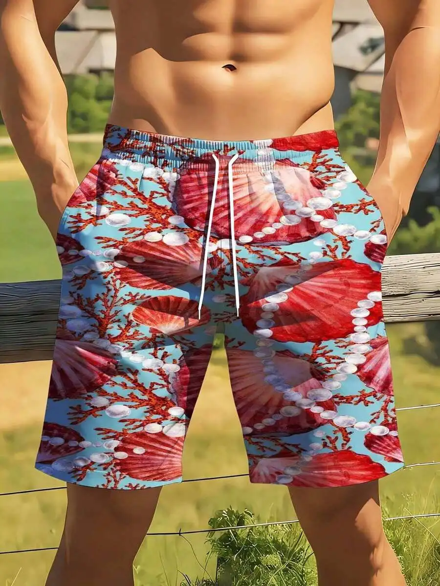 

Mens Shell And Coral Print Swim Trunks Beachwear Summer Leisure Sports Shorts