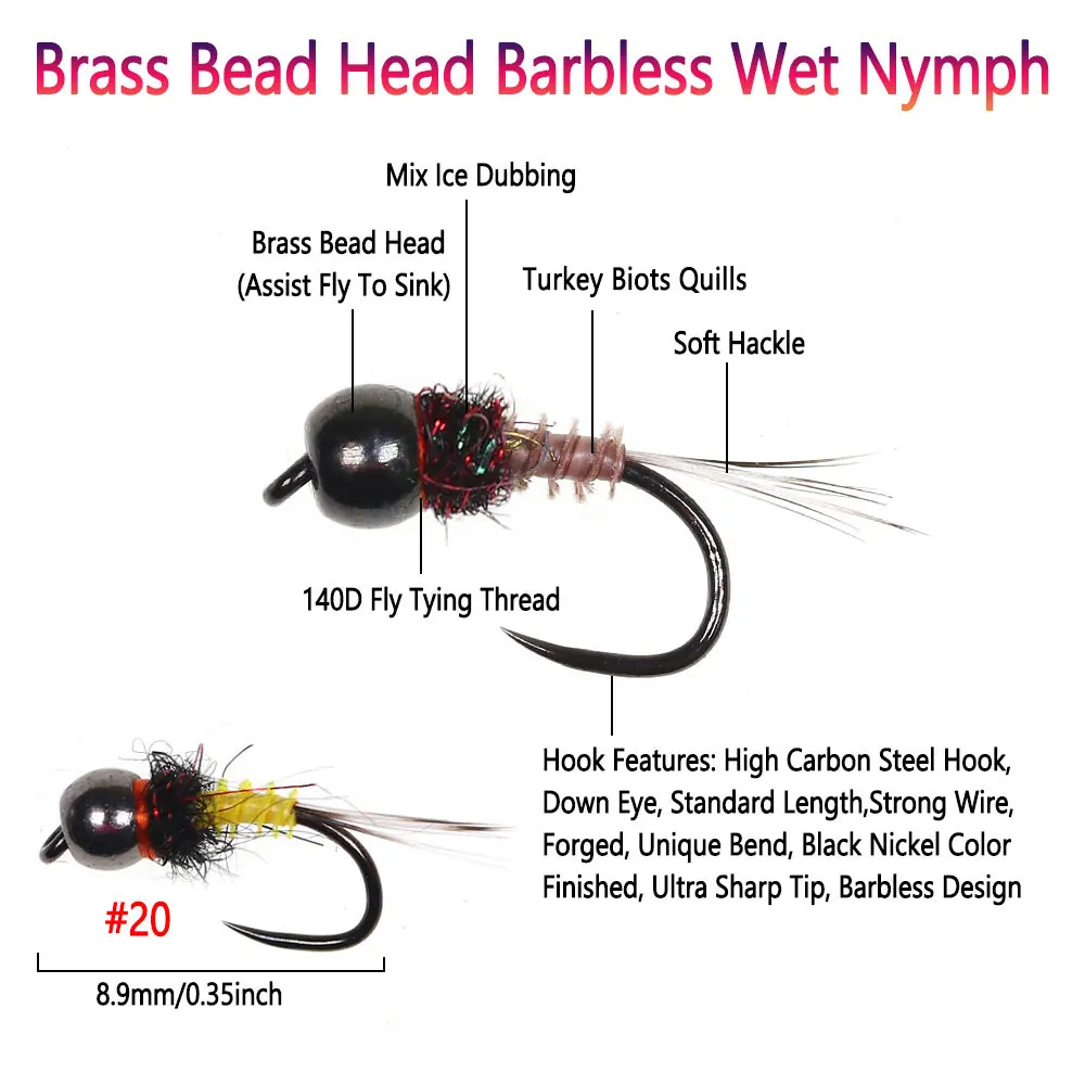 Bimoo 6PCS #20 Brass Bead Head Barbless Wet Nymph Fly Fast Sinking  Euro Nymphs For Trout Grayling Bluegill Perch Fishing Lures