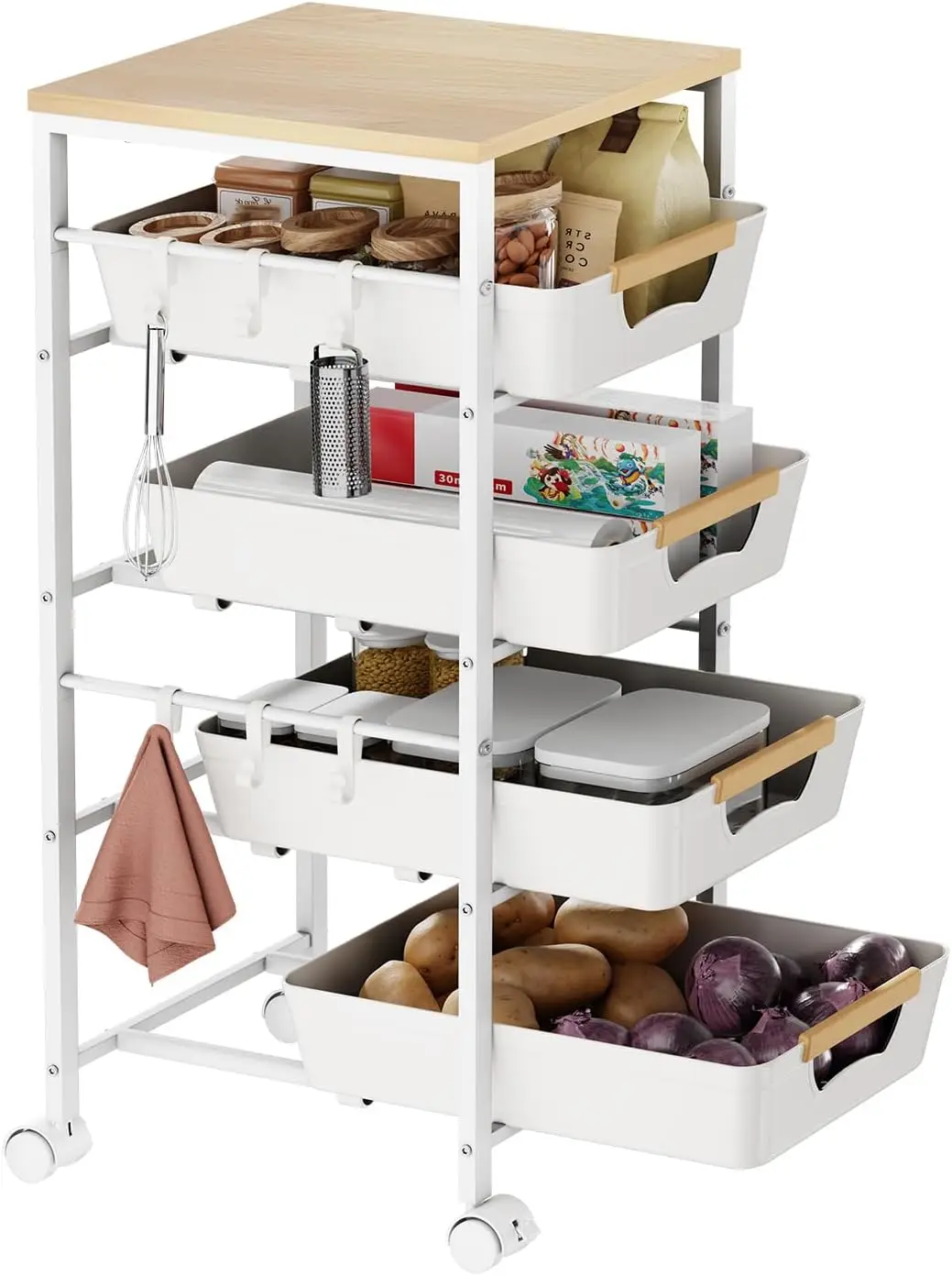 

5-Tier Kitchen Storage Cart, Wood Top Rolling Cart Organizer with Pull-Out Baskets & Wheels, Metal