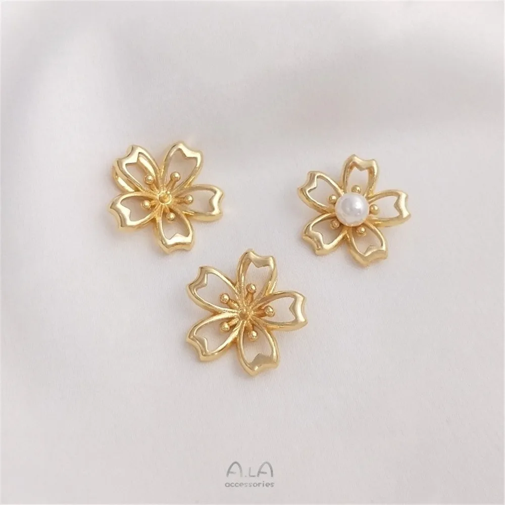 

14K Gold Color Cherry Blossom Necklace Pendant Half-hole Crystal Pearl Support Pendant Diy Handmade Charm Accessories Materials