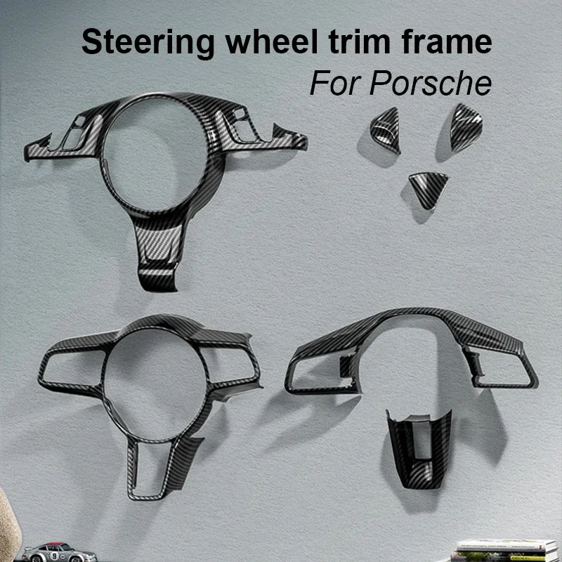 

For Porsche Cayenne 2006-2010 Panamera Macan 911 718 Taycan 2011-2024 Carbon Fiber Texture Steering Wheel Panel Frame Cover Trim