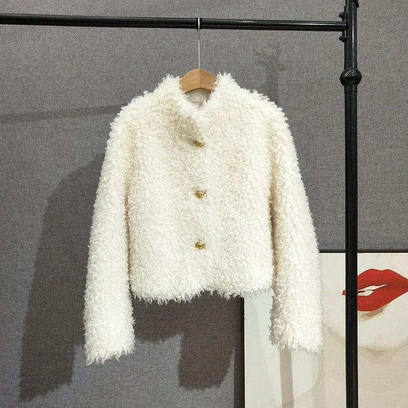 Women's Short Stand Collar Real Wool Fur Jacket Lady Girl Sheep Shearling Warm Winter Coat JT534
