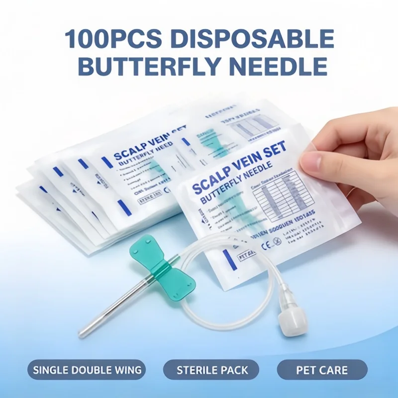 100Pcs Disposable Butterfly Blood Collection Needle, Single Double Wing Sterile Bulk Pack for Pet Care