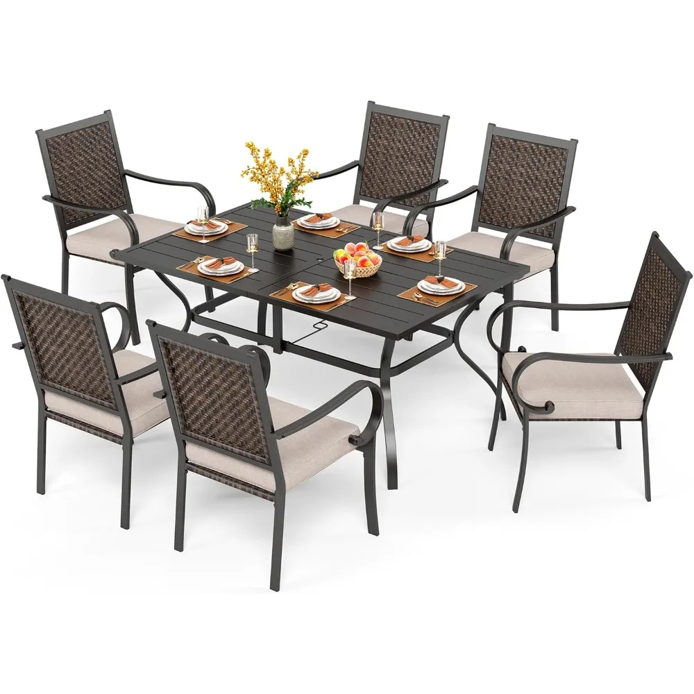 7 Piece Outdoor Wicker Dining Set for 6, Rectangular Metal Dining Table with Umbrella Hole & 6 Cushioned Rattan Chairs Furniture