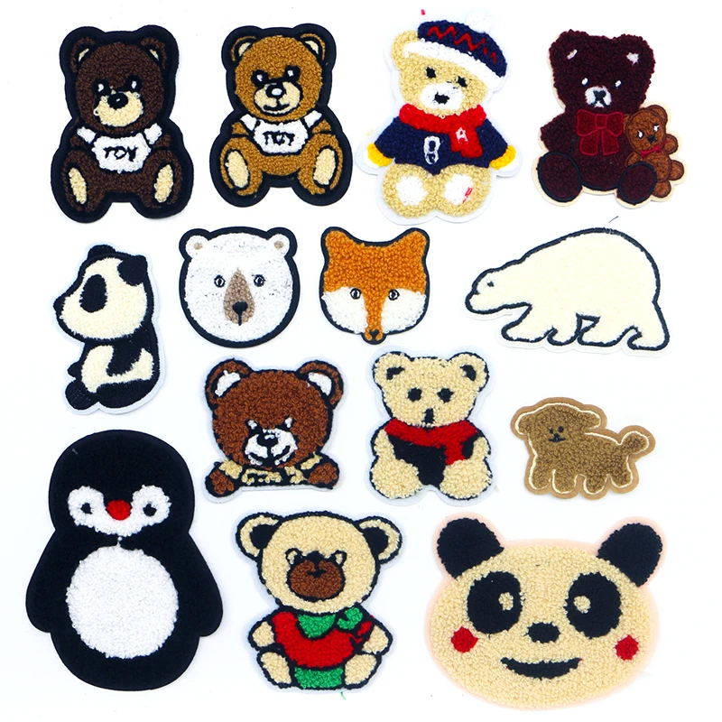 Cute Bear Panda Dog Penguin Fox Chenille Icon Towel Embroidery Applique Patch For Clothing DIY Sew on Patch on the Stickers