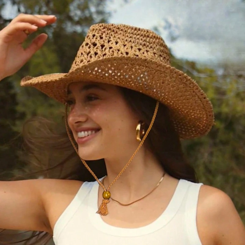 Casquette de paille Panama pour protection solaire de plage d'été, avec ficelle, Design creux classique, chapeaux de Cowboy occidentaux en paille en papier