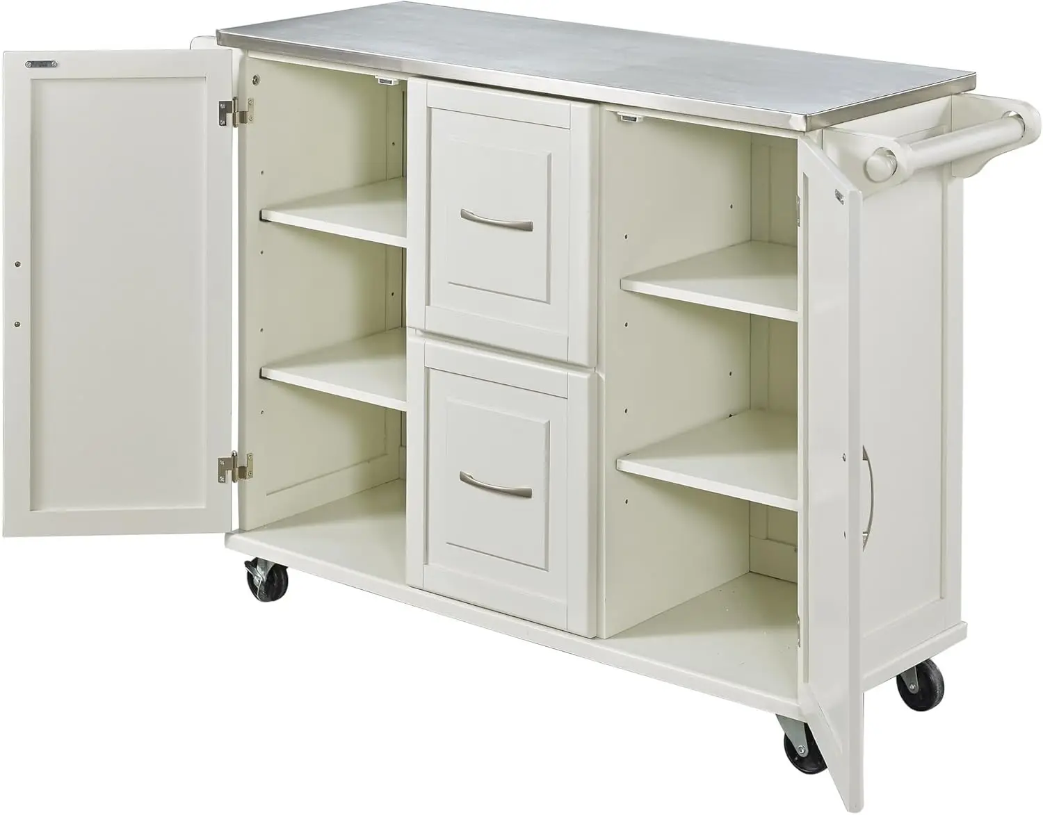 Dolly Madison Off-White Mobile Kitchen Cart with Stainless Steel Top, 54 Inches Wide