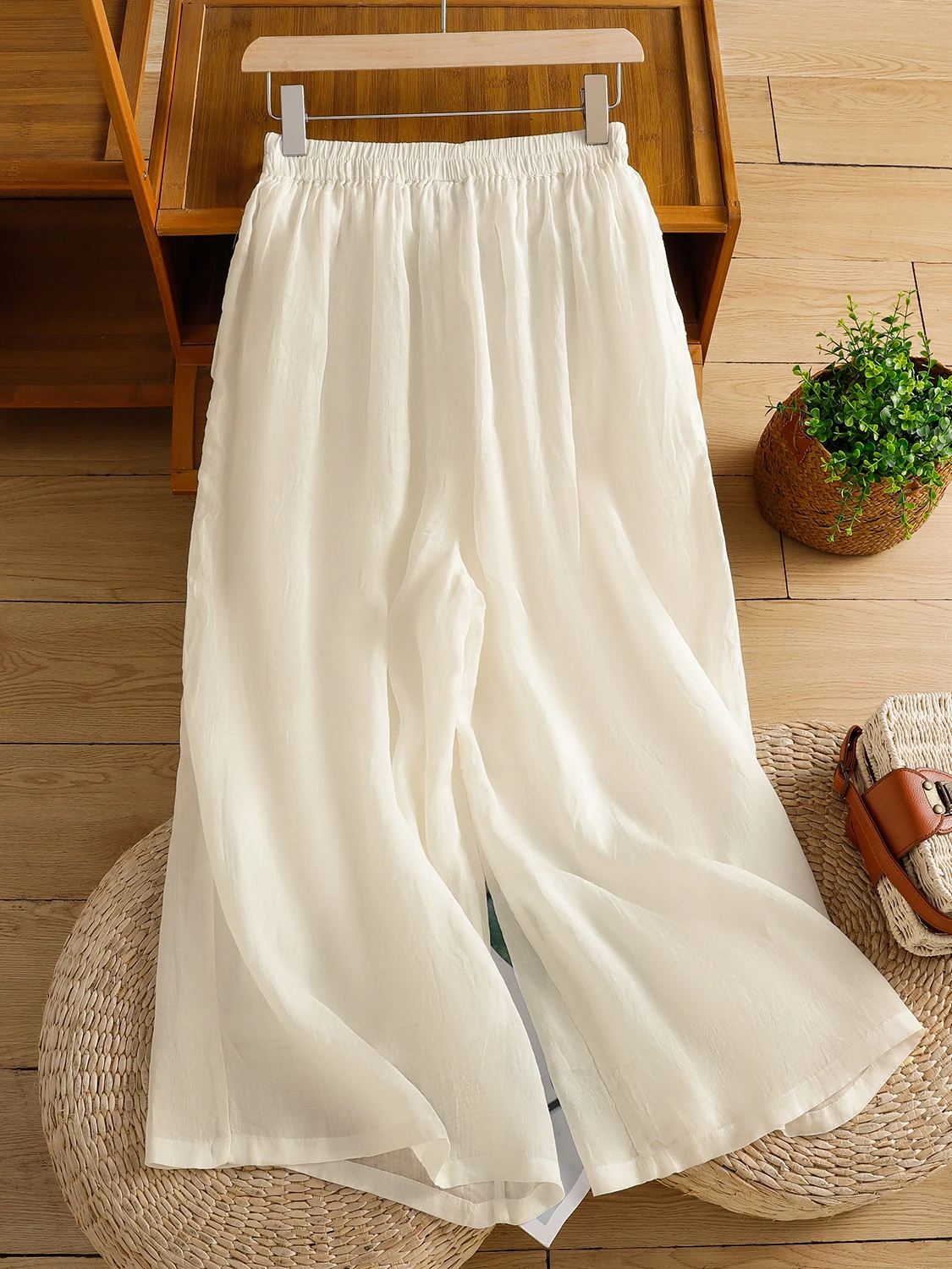 Pantalones de pierna ancha de lino ligeros y transpirables, pantalones informales finos de corte recto bordados para mujer de talla grande de verano